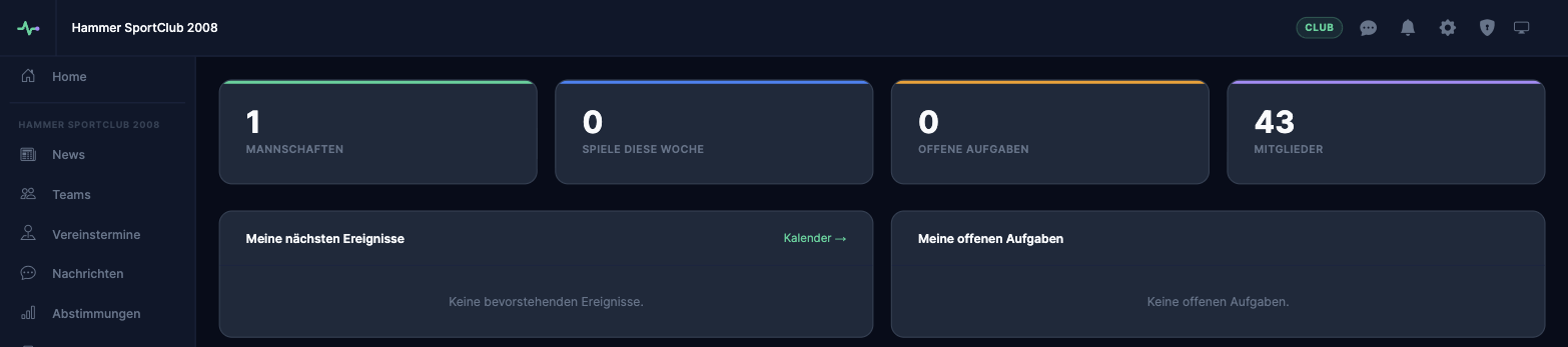 Vereins-Dashboard in Vereinstakt mit Kennzahlen zu Mannschaften, Terminen und Mitgliedern